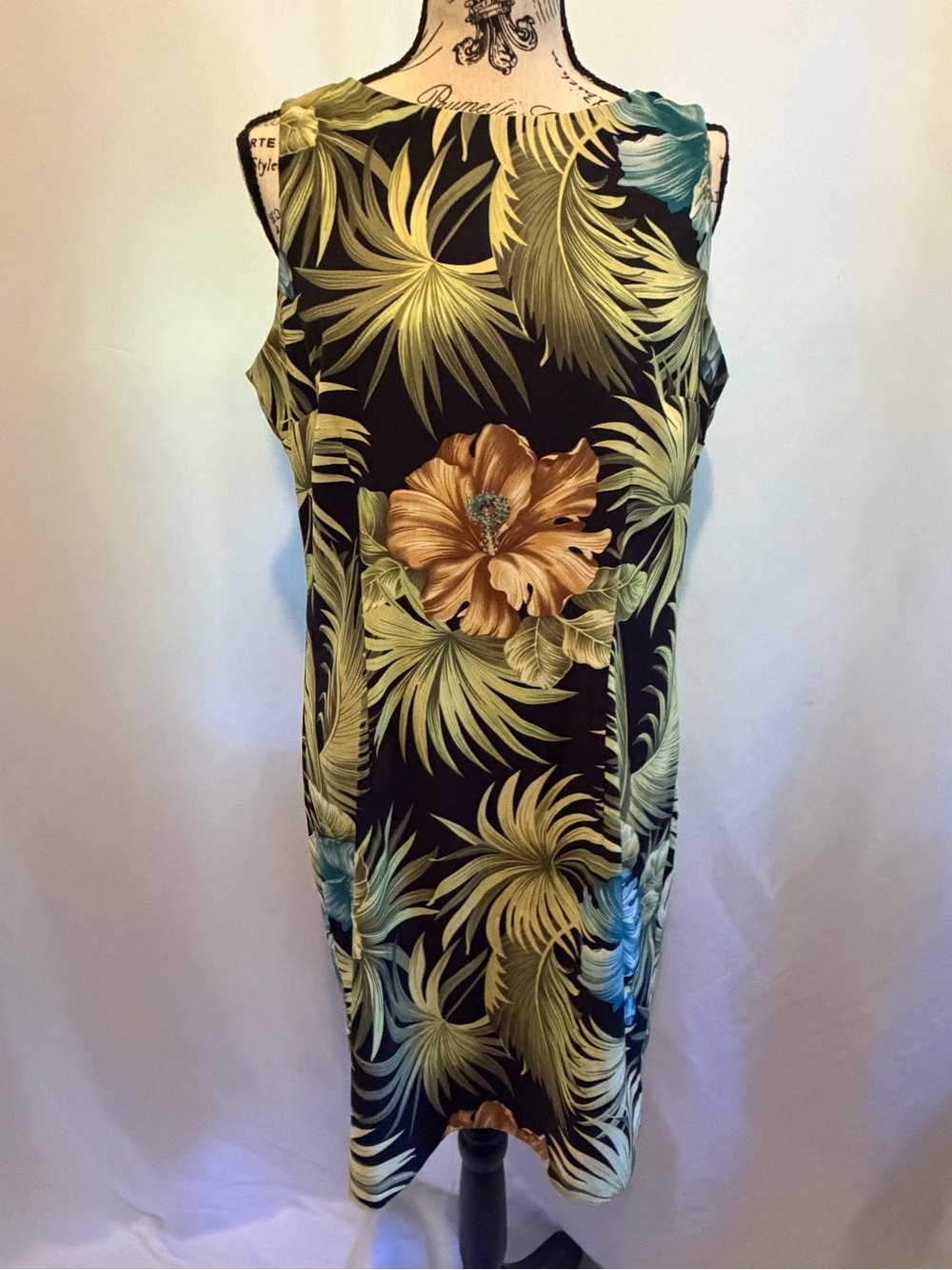 dressbarn Black Dress with Green & Teal Tropical Print
